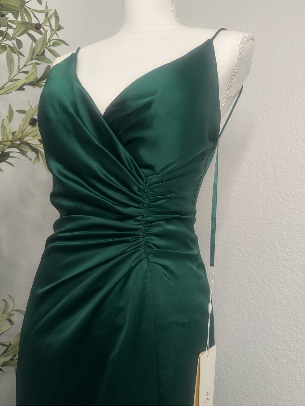 Elegant Deep Emerald Green Satin Gown with slit - Picture 3 of 9